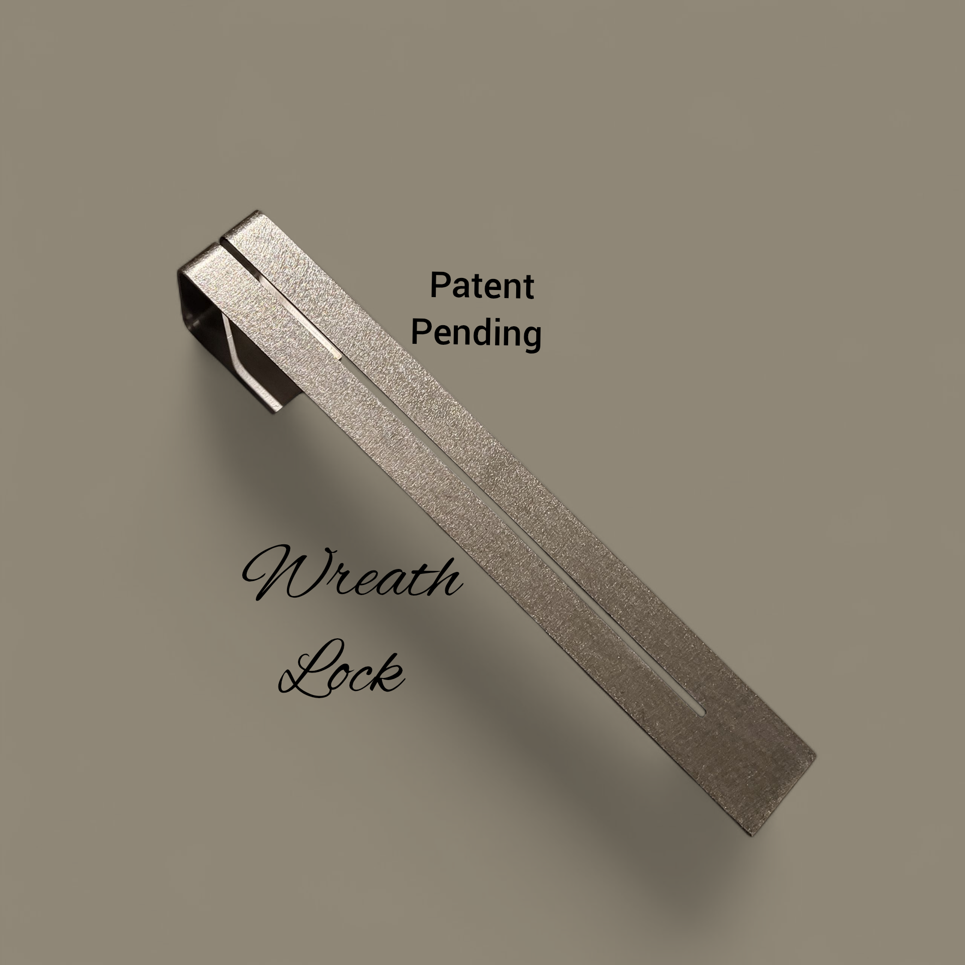Metallic wreath lock on a beige background with 'Patent Pending' text.