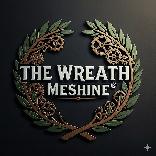 Logo of 'The Wreath Meshine' with gears and leaves on a dark background