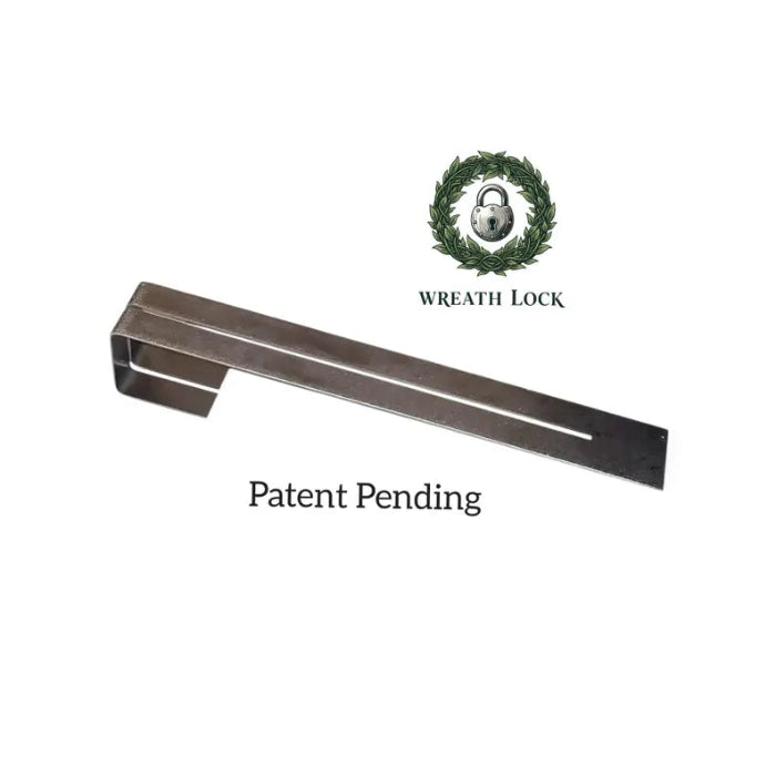 Metallic wreath lock with 'Wreath Lock' branding and 'Patent Pending' text on a white background.